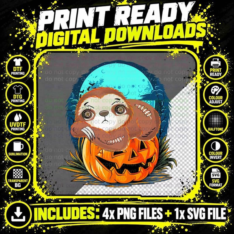 Funny Halloween Sloth Shirt for Sloth Lovers Pumpkin Png SVG Digital Bundle