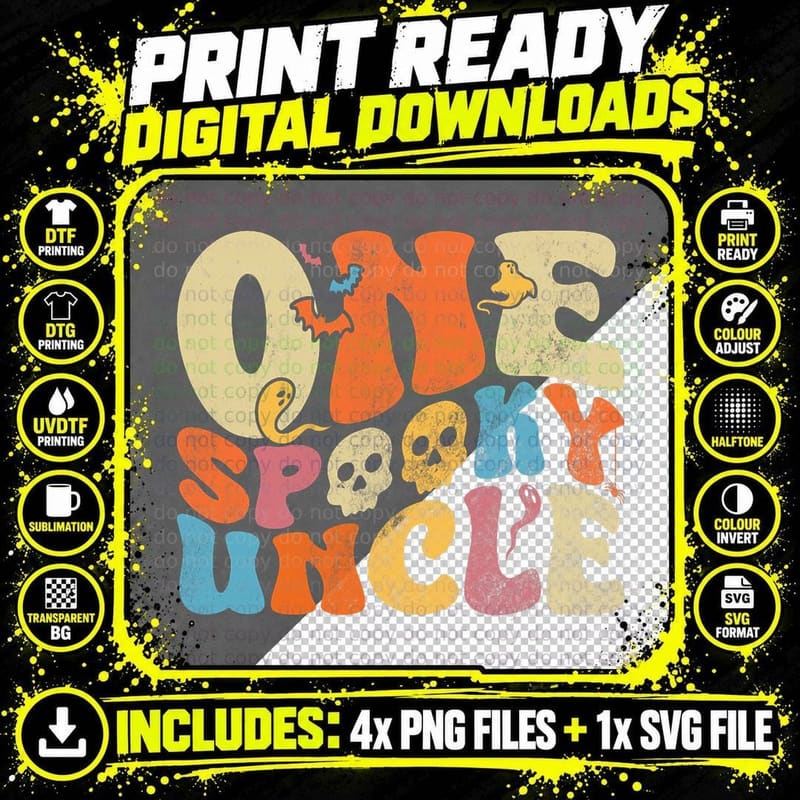 Funny One Spooky Uncle Groovy Cool Halloween Costume Png SVG Digital Bundle