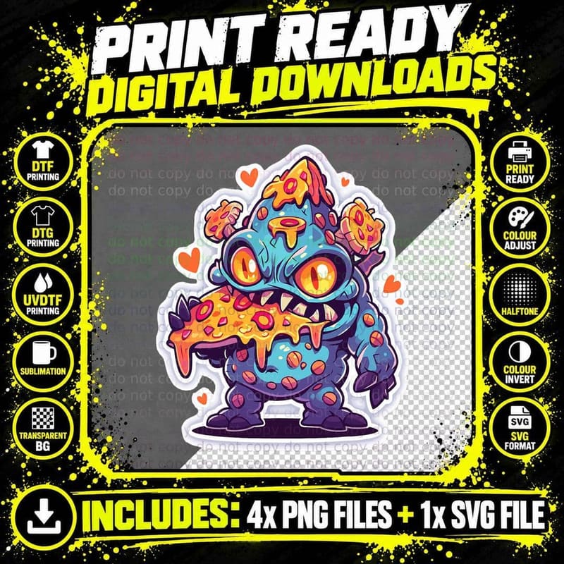 Funny Pizza Monster Cute Cartoon Comic Halloween Retro Png SVG Digital Bundle