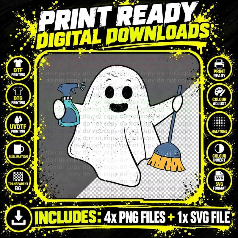Funny School Custodian Ghost Spooky Vibes Vintage Png SVG Digital Bundle