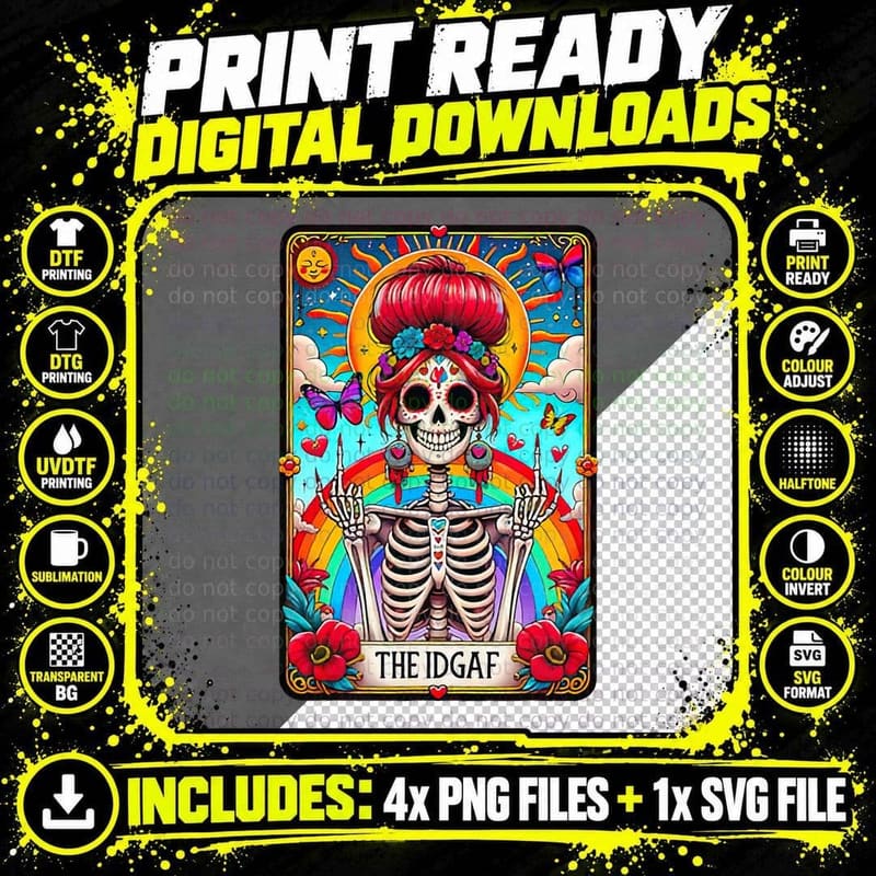 Funny Skeleton Sarcastic the IDGAF Funny Tarot Card Png SVG Digital Bundle