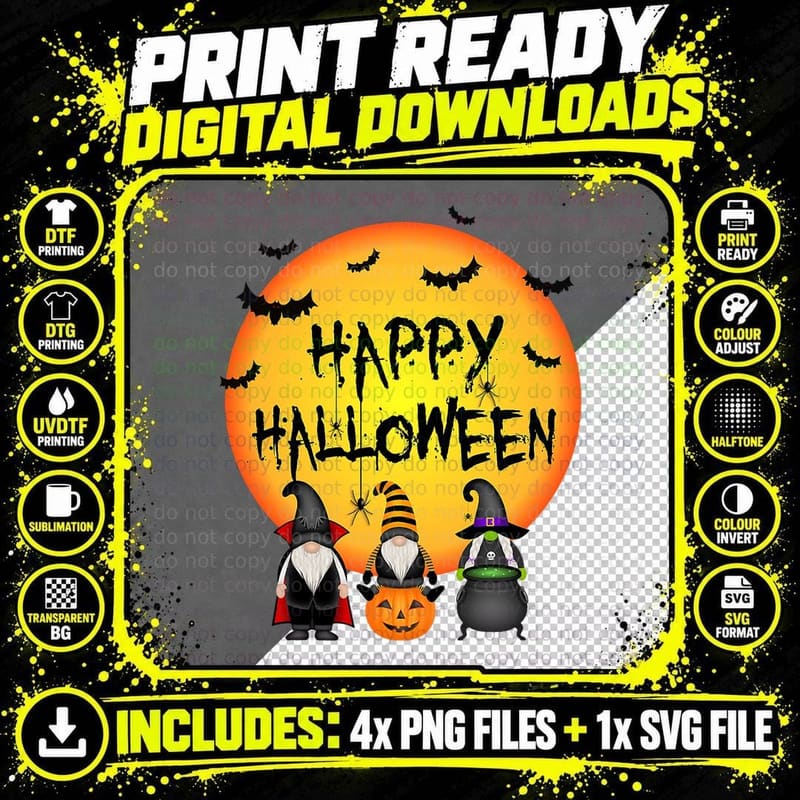 Funny Three Gnomes with Pumpkin Happy Halloween Costume Png SVG Digital Bundle