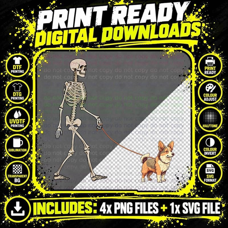 Funny Tri Color Corgi Skeleton Dog Walking Halloween Dog Png SVG Digital Bundle