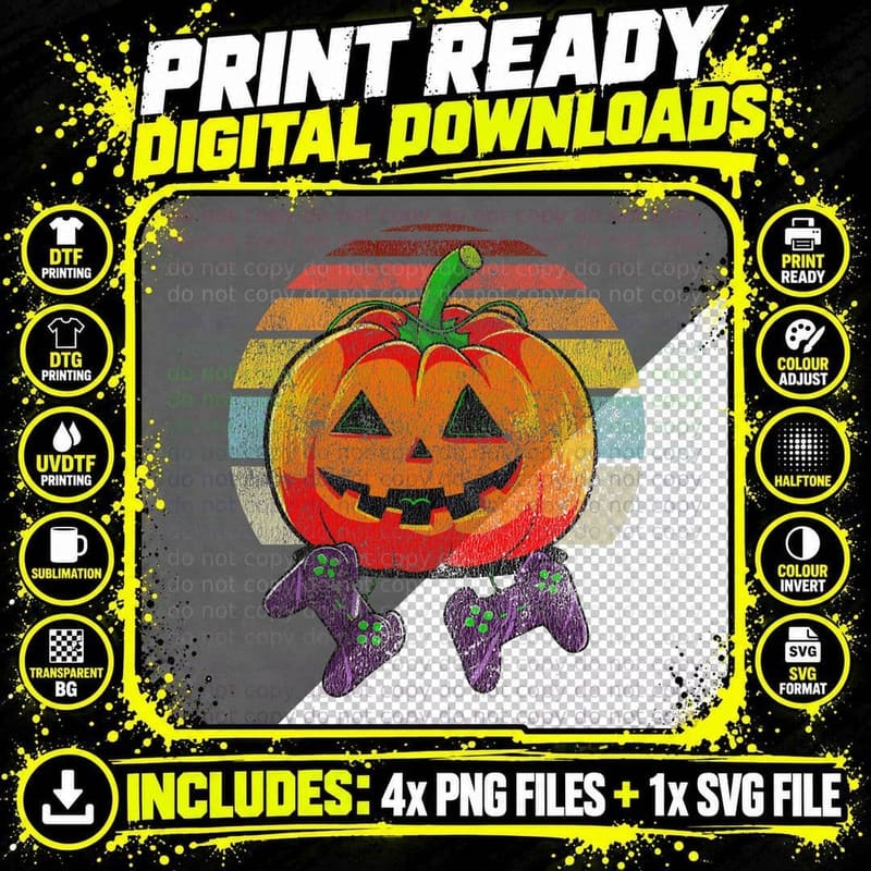 Gamer Halloween Retro Style Pumpkin Jack O Lantern Kids Png SVG Digital Bundle