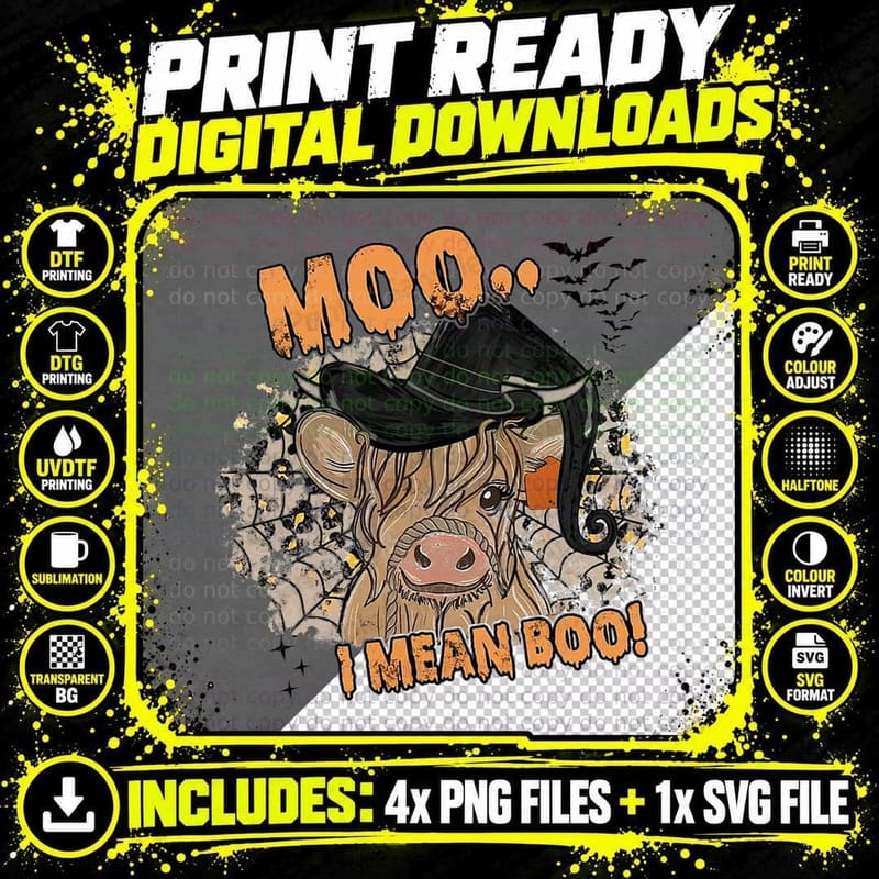 Ghost Cow Moo I Mean Boo Pumpkin Moon Halloween T-Shirt Png SVG Digital Bundle