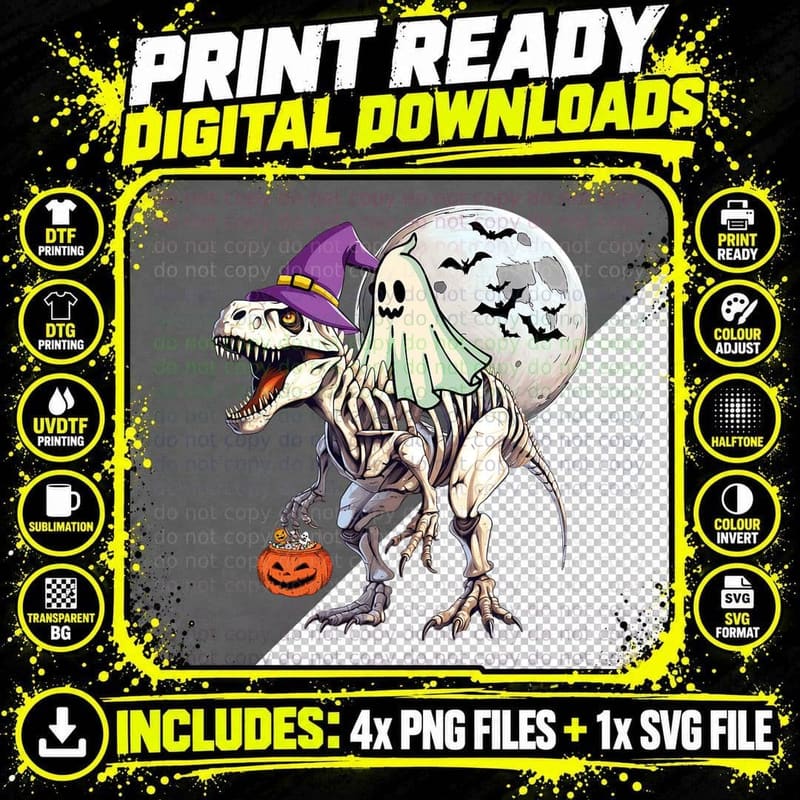 Ghost Riding T Rex Funny Halloween Pumpkin Boys Kids Png SVG Digital Bundle