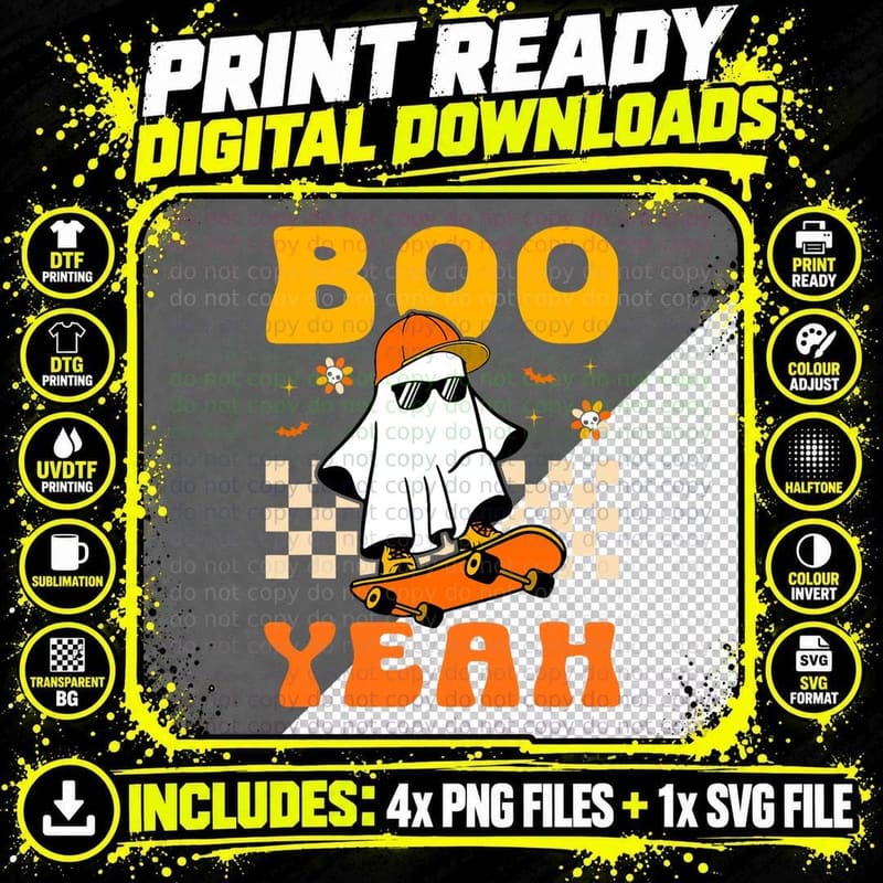 Ghost Skateboard Boo Yeah Groovy Halloween Costumes Men Png SVG Digital Bundle