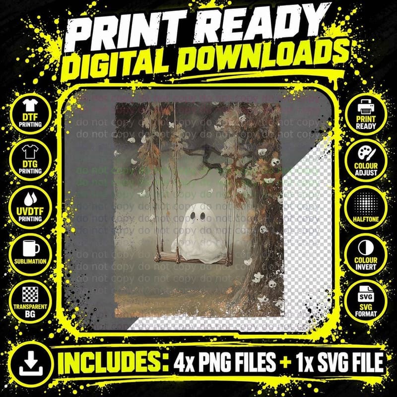 Ghost on the Swing Spooky Gothic Dark Academia Halloween Png SVG Digital Bundle