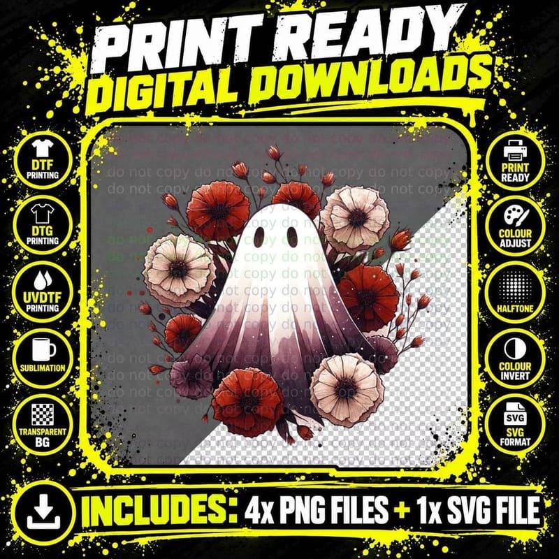 Ghost with Red Flowers Vintage, Retro Vintage Png SVG Digital Bundle