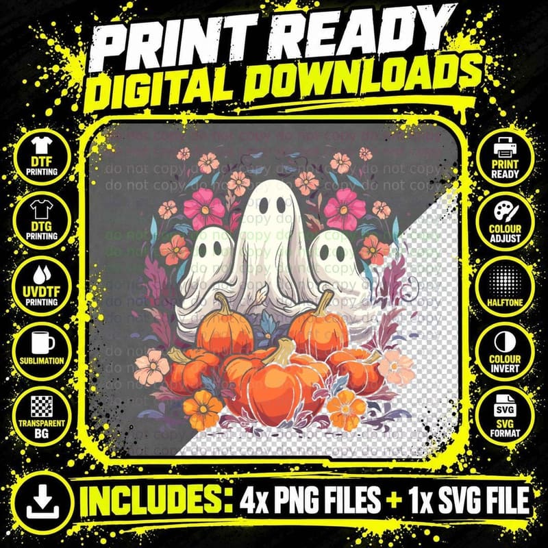 Ghosts Pumpkins Flowers T-Shirt, Spooky Halloween Png SVG Digital Bundle