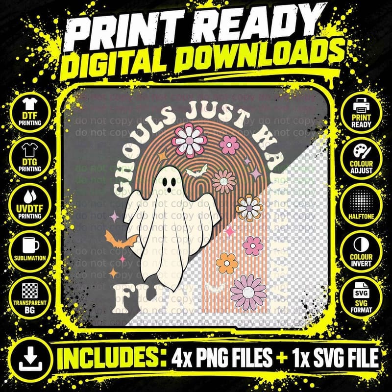 Ghouls Just Wanna Have Fun Retro Halloween Rainbow Ghost Png SVG Digital Bundle