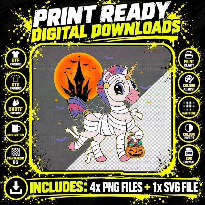 Girls Kids Halloween Mummy Unicorn Pumpkin Groovy Png SVG Digital Bundle