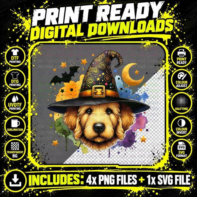 Golden Doodle in Witch Hat Halloween Png SVG Digital Bundle