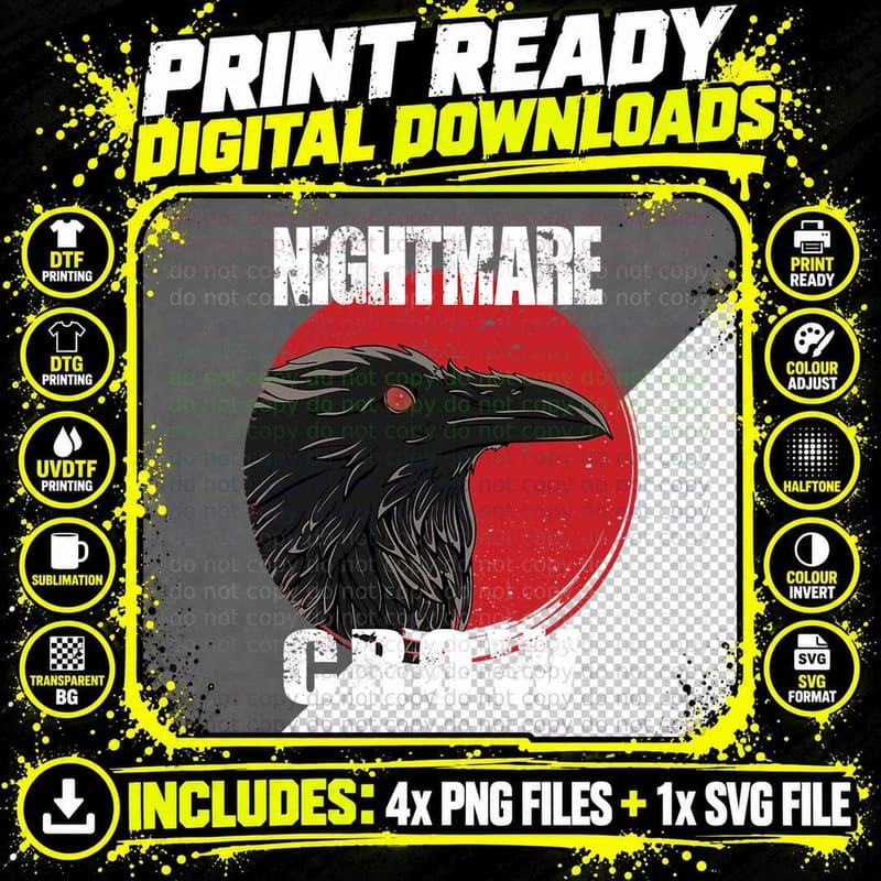 Goth Occult Crow Horror Nightmares Halloween T-Shirt Png SVG Digital Bundle