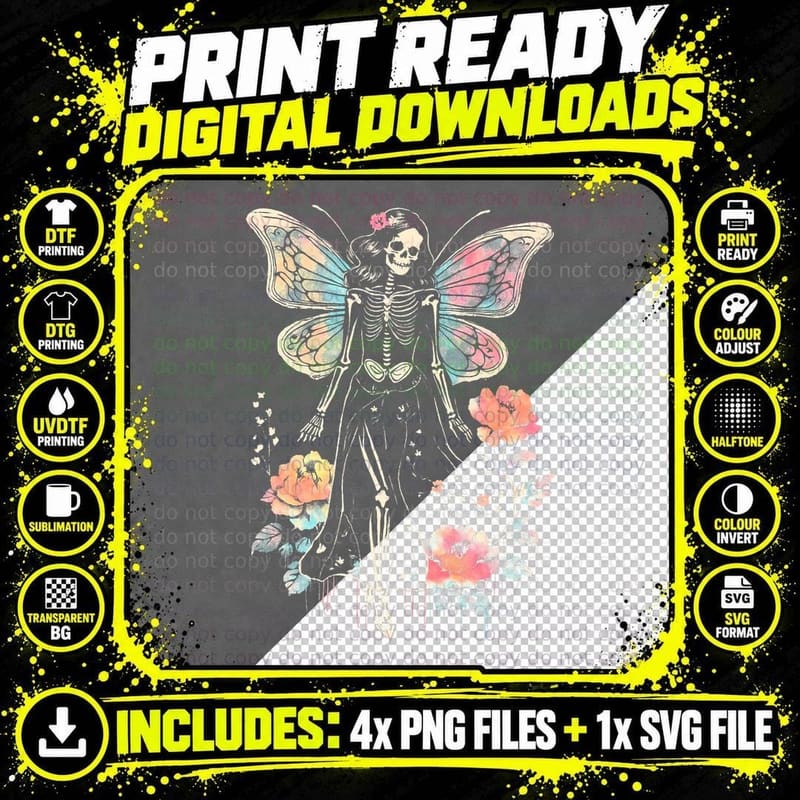 Goth Roses Butterfly Skeleton Fairy T-Shirt Png SVG Digital Bundle