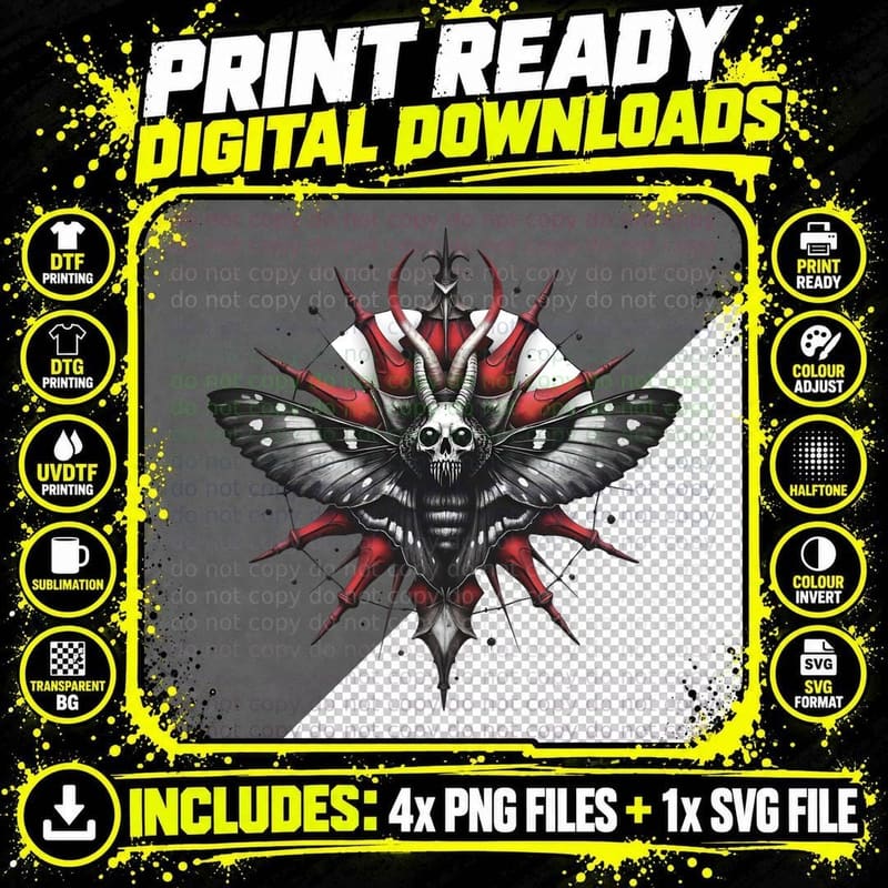 Gothic Moth with Skull Head and Red Exoskeleton Detailed Png SVG Digital Bundle