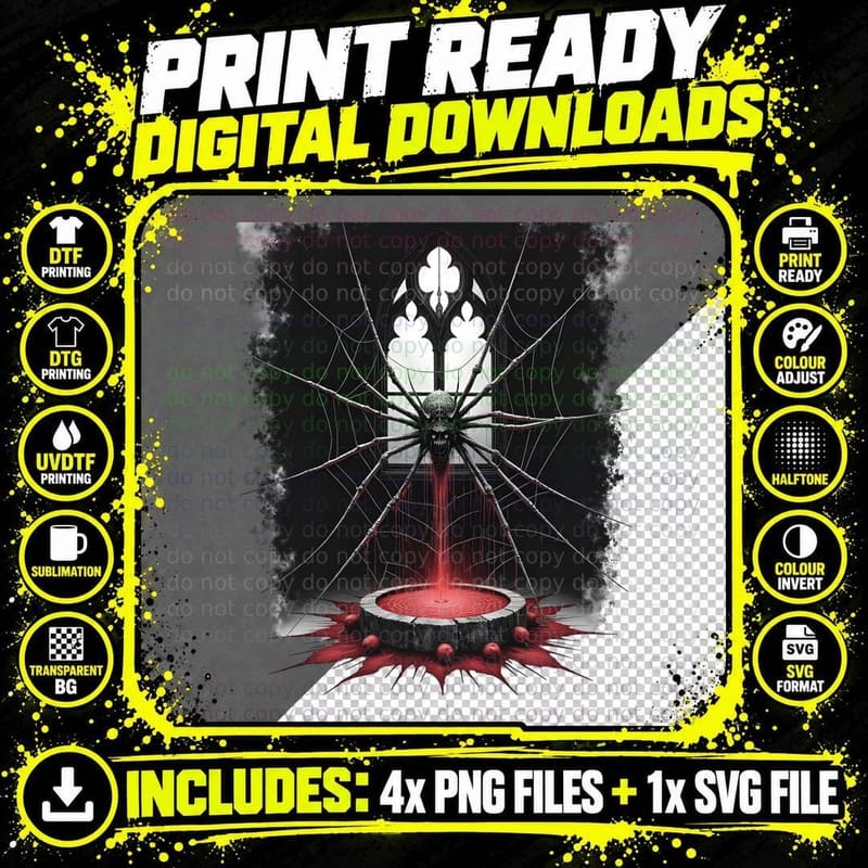 Gothic Spider Window, Grotesque Spider with Red Drips Png SVG Digital Bundle