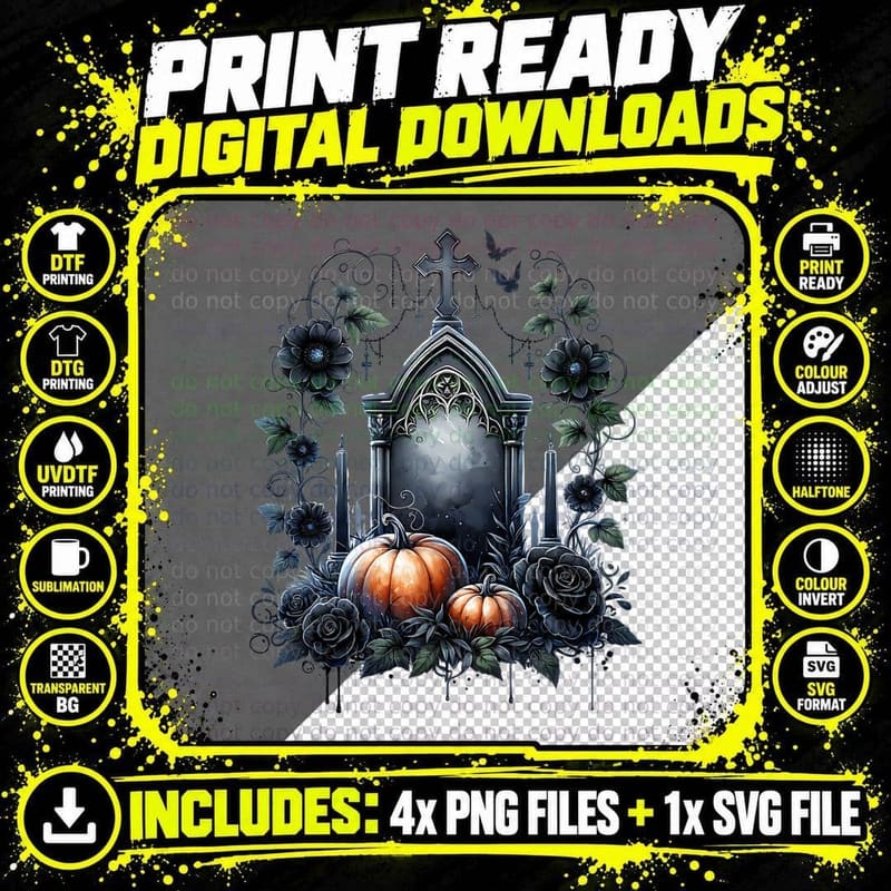 Gravestone with Pumpkin Halloween, Horror, Goth T-Shirt Png SVG Digital Bundle