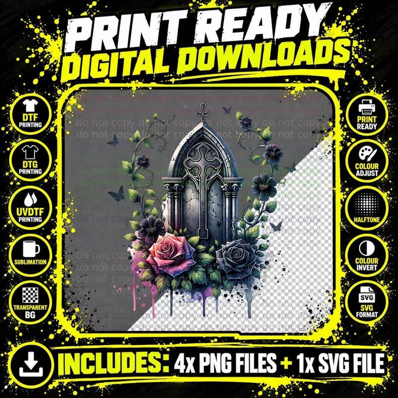 Gravestone with Roses Halloween, Horror, Goth T-Shirt Png SVG Digital Bundle