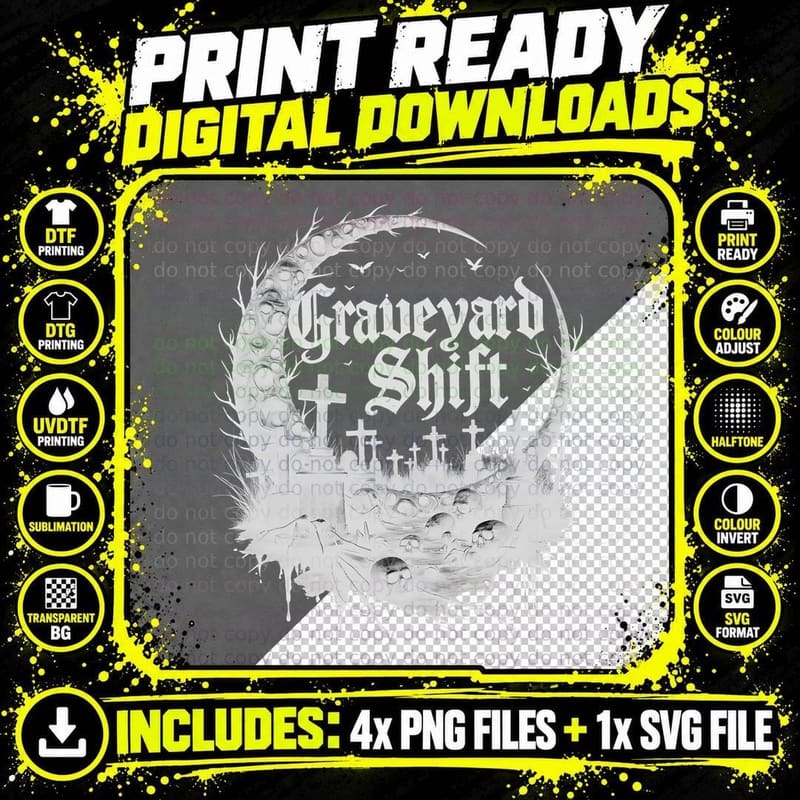 Graveyard Shift Gothic Skull Moon Halloween Horror Png SVG Digital Bundle