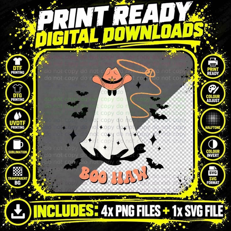 Groovy Boo Haw Cowboy Ghost, Funny Retro Western Png SVG Digital Bundle