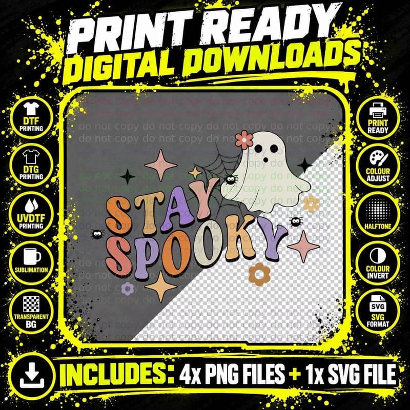 Groovy Flower Spooky Halloween Cute Ghost Spider Web Png SVG Digital Bundle