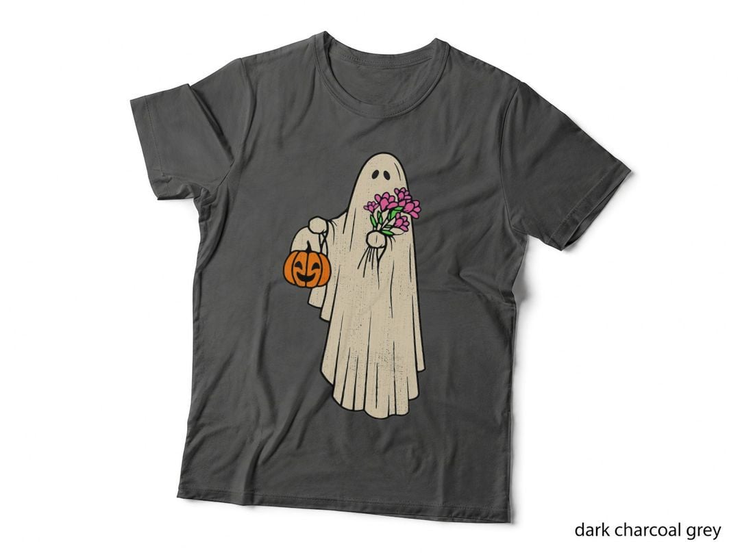 Groovy Ghost Holding Flower Pumpkin Halloween Spooky Season T-Shirt