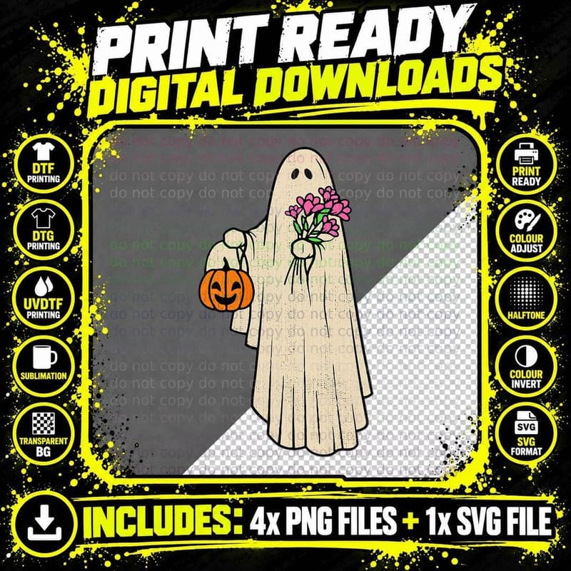 Groovy Ghost Holding Flower Pumpkin Halloween Spooky Png SVG Digital Bundle