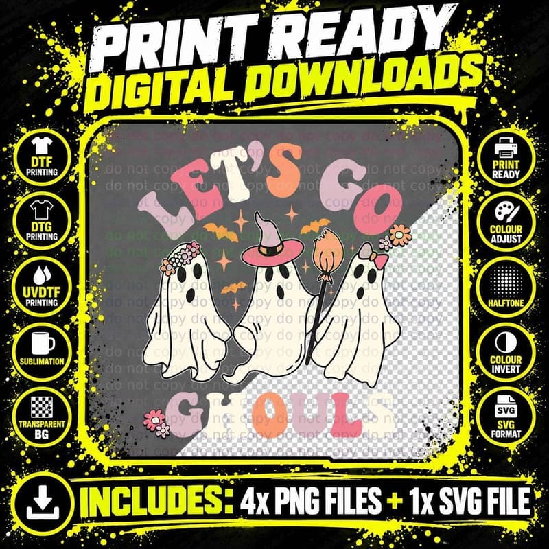 Groovy Halloween Let's Go Ghouls Retro Floral Ghost Png SVG Digital Bundle