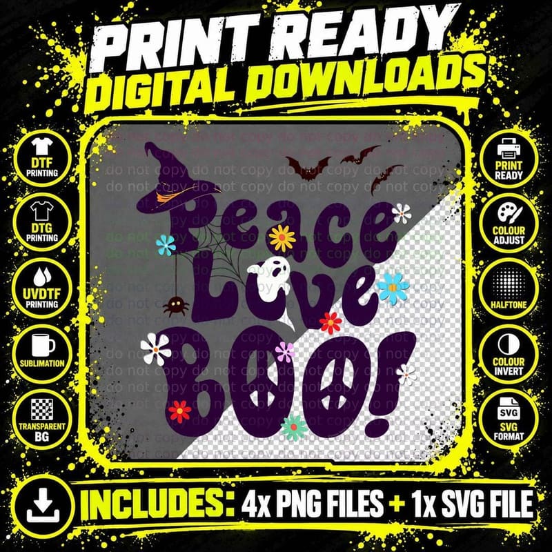 Groovy Halloween Peace Love BOO Retro Hippie Halloween Png SVG Digital Bundle