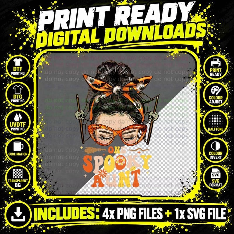 Groovy One Spooky Aunt Messy Bun Women Hippie Halloween Png SVG Digital Bundle