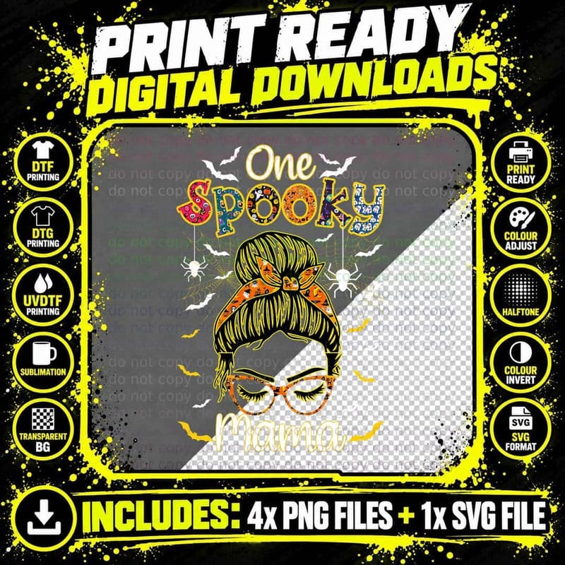 Groovy One Spooky Mama Messy Bun Witch Mom Halloween Png SVG Digital Bundle