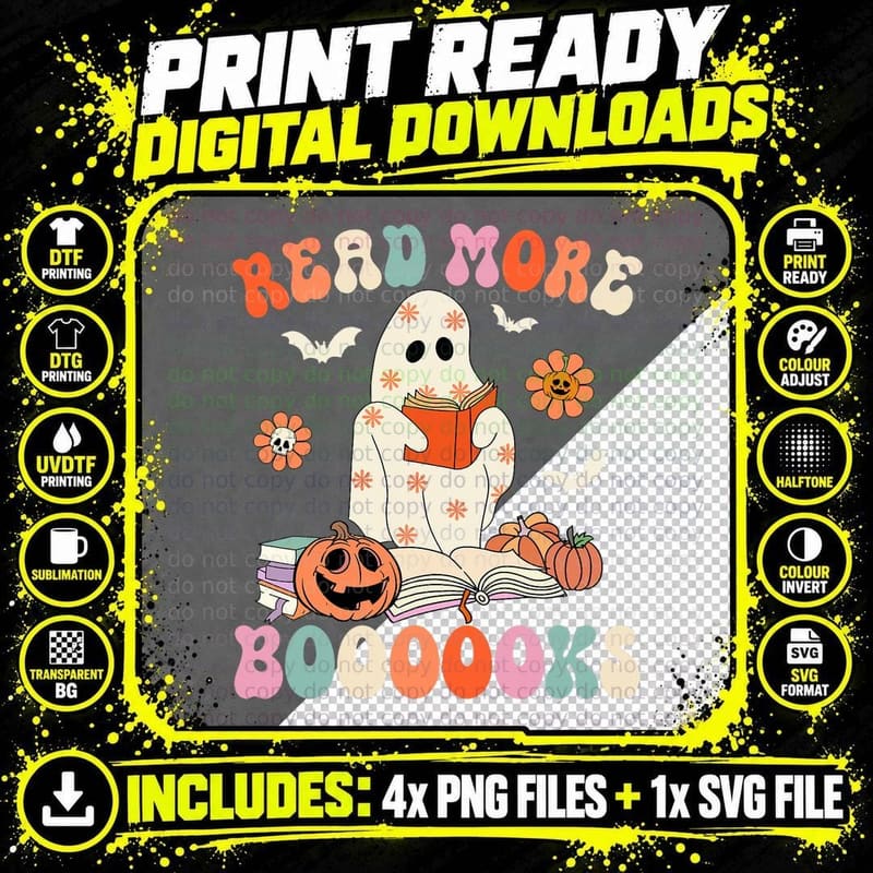 Groovy Read More Books Cute Ghost Boo Funny Halloween Png SVG Digital Bundle
