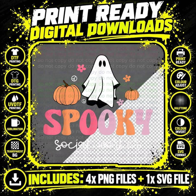 Groovy Retro Ghost Spooky Social Worker Halloween Png SVG Digital Bundle