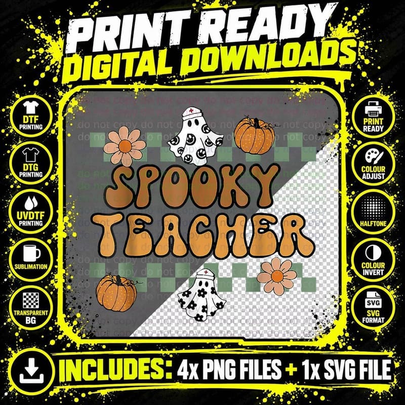 Groovy Teacher Pumpkin Spooky Nurse Cute Ghost Halloween Png SVG Digital Bundle