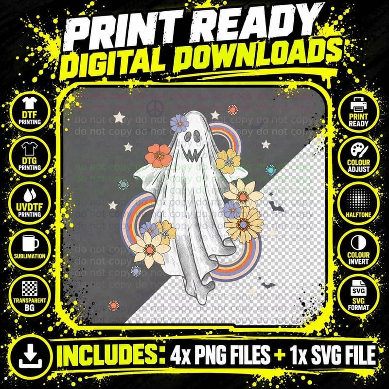 Groovy Vintage Floral Ghost Hippie Halloween Spooky Png SVG Digital Bundle