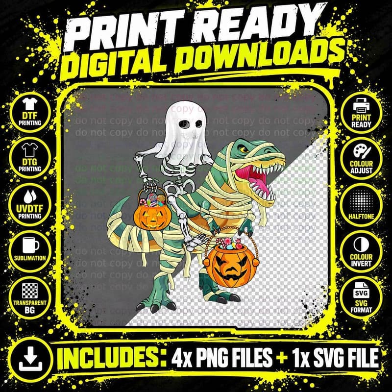 Halloween Boys Kids Skeleton Riding Dinosaur Ghost Png SVG Digital Bundle