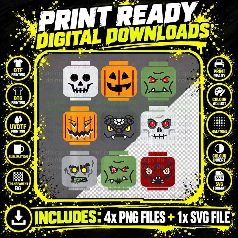 Halloween Building Brick Head Pumpkin Ghost Zombie Png SVG Digital Bundle