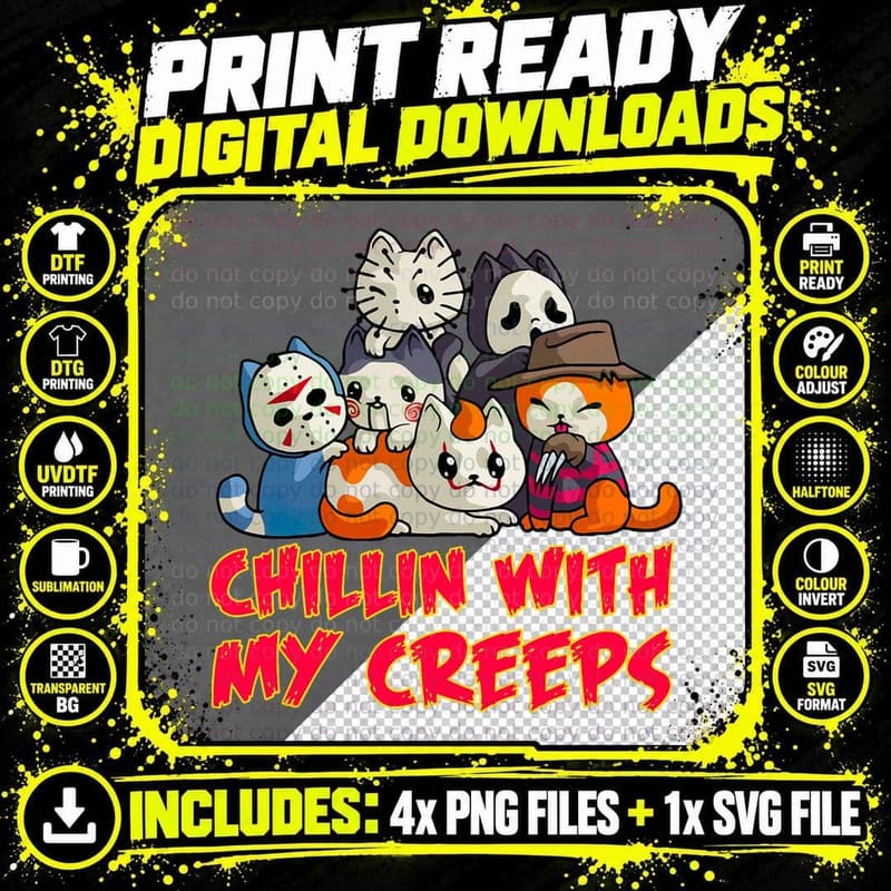 Halloween Cat Chillin with My Creeps Horror Movie Png SVG Digital Bundle