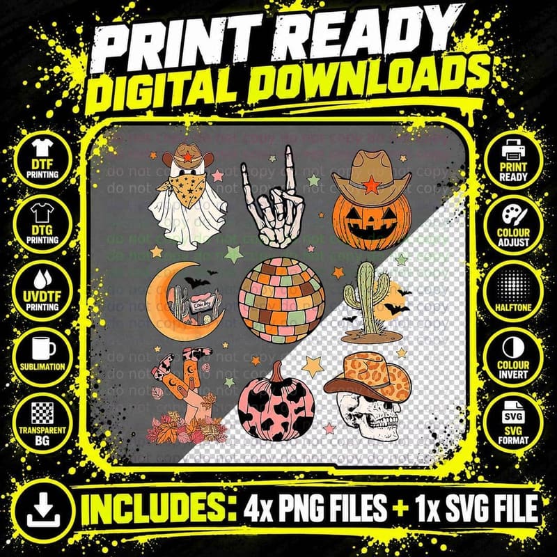 Halloween Cowboy Ghost Skeleton Pumpkin Spooky T-Shirt Png SVG Digital Bundle