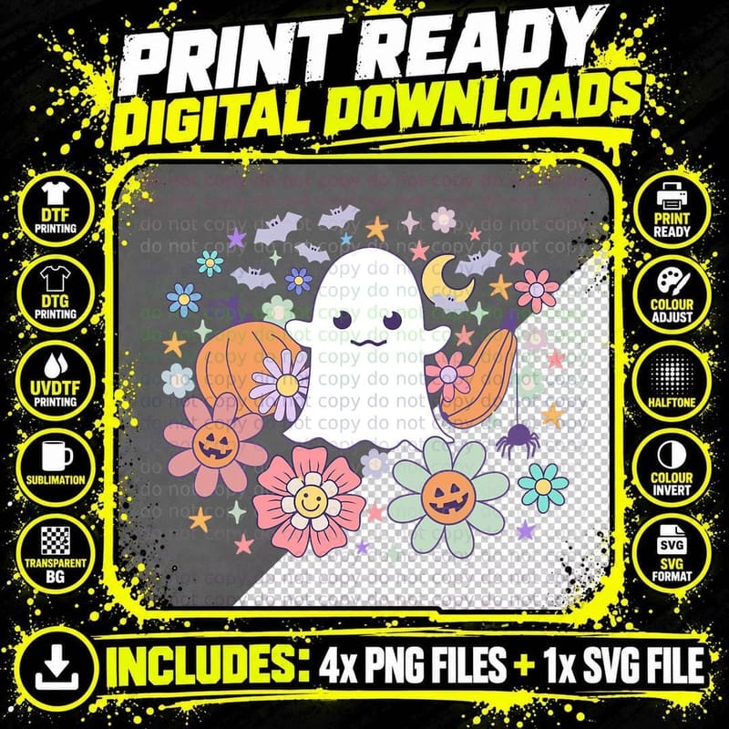 Halloween Cute Ghost Jack O Lantern Pumpkin Spider Bats Png SVG Digital Bundle