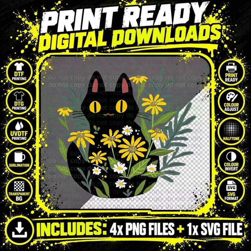Halloween Cute Retro Black Cat Flower Fall Costume Cat Png SVG Digital Bundle