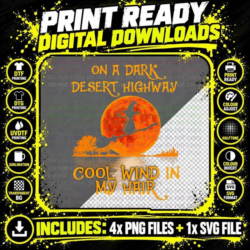 Halloween Dark Desert Highway Cat Witch T-Shirt Png SVG Digital Bundle