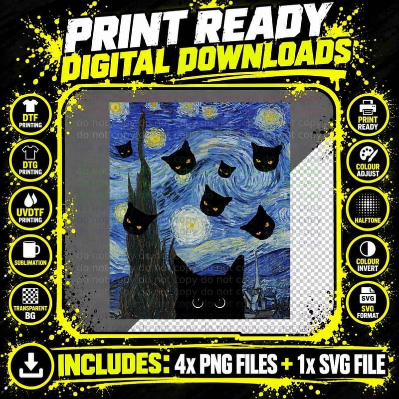 Halloween Funny Cat Van Gogh Artist Cat Rendering T-Shirt Png SVG Digital Bundle