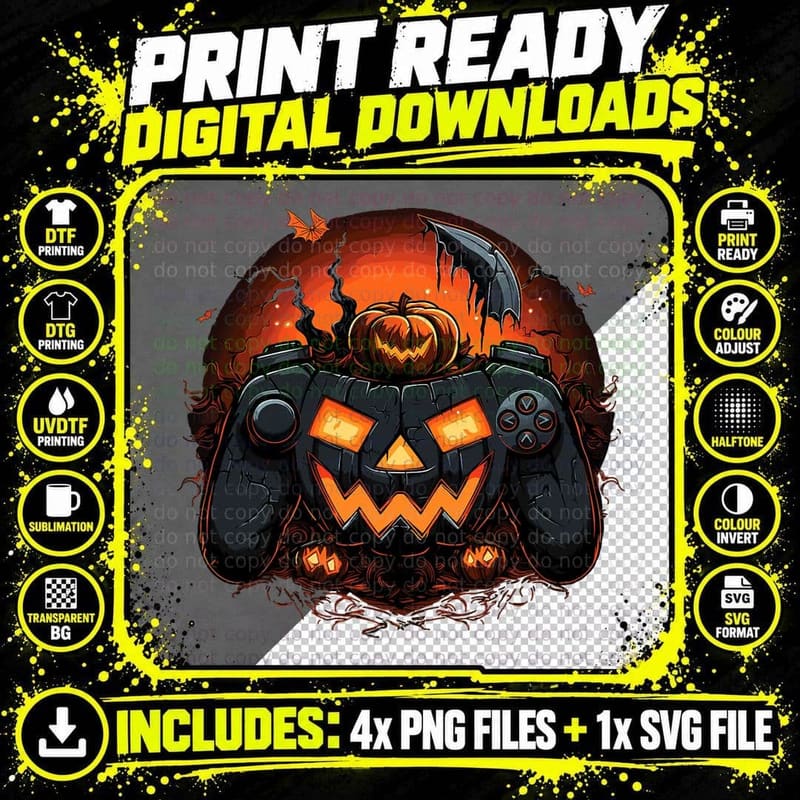 Halloween Gaming Jack O Lantern Pumpkin Face Boys Kids Png SVG Digital Bundle