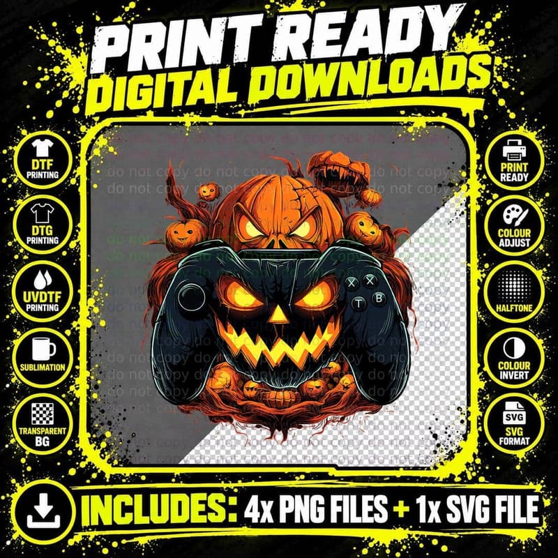 Halloween Gaming Jack O Lantern Pumpkin Face Controller Png SVG Digital Bundle