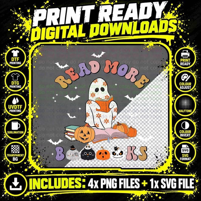 Halloween Groovy Read More Books Cute Boo Ghost Reading Png SVG Digital Bundle