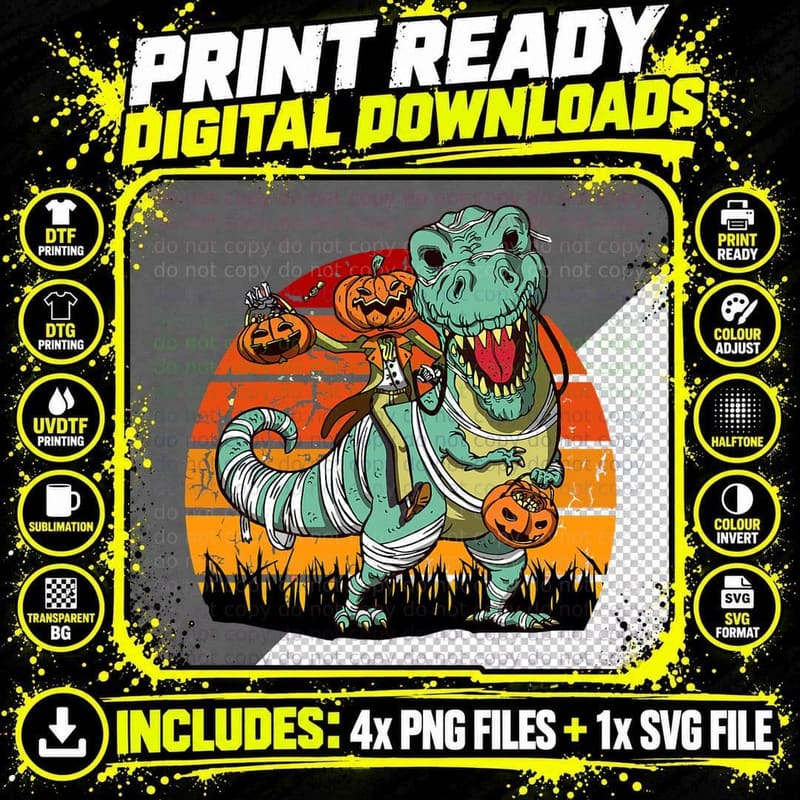 Halloween Pumpkin Riding Dinosaur T-Rex Skeleton Funny Png SVG Digital Bundle