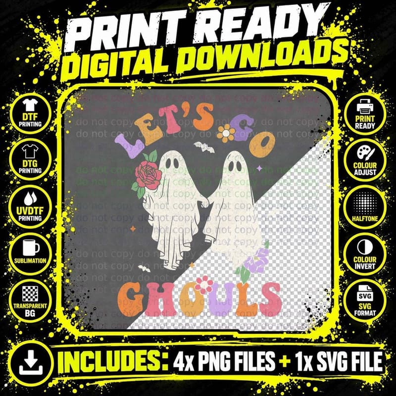 Halloween Retro Groovy Let's Go Ghouls Funny Ghost Boo Png SVG Digital Bundle