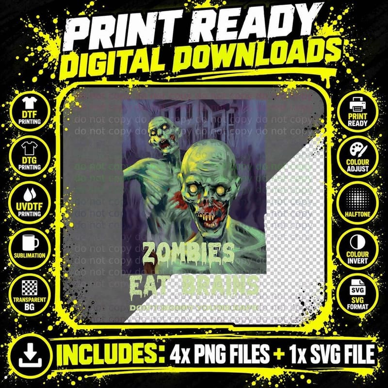 Halloween Retro Horror Movie Zombies Eat Brains You're Png SVG Digital Bundle